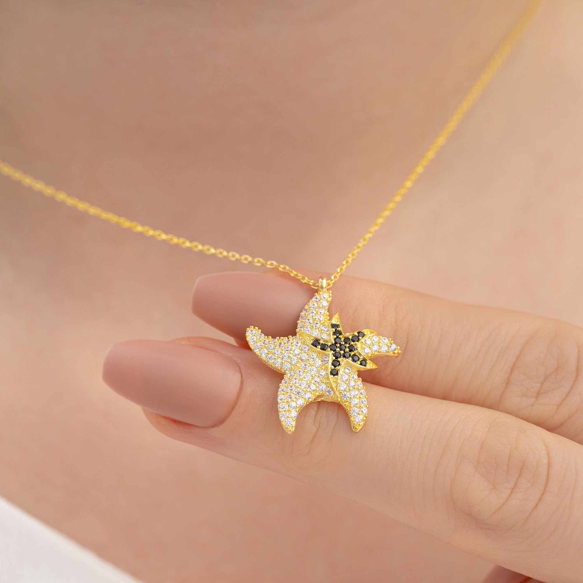 Swarovski Crystal Starfish  necklace - 925 Sterling Silver 14K Gold vermeil starfish necklace - rosegold starfish necklace - gift for her
