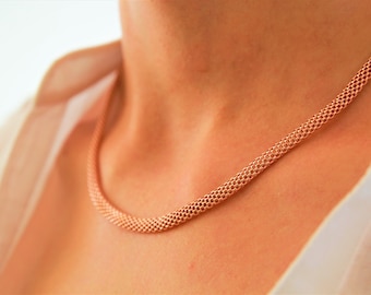 14 K Italiaanse Rose Gold slangenketting, sterling zilveren choker, Italiaans Rose Gold over 925 Omega Choker - rose gouden ketting - gouden halsketting