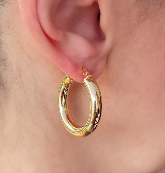 Large Pipe Hoops-Gold tube hoop earrings-Tube Gold hoops- Thick Round  Earrings- Thick Huggies- Chunky Earrings Brass earrings Mothers day