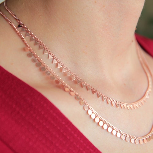 14K roségouden kinketting, ketting met schijfkralen, roségoud op 925 sterlingzilver - roségouden ketting - vierkante kralenketting
