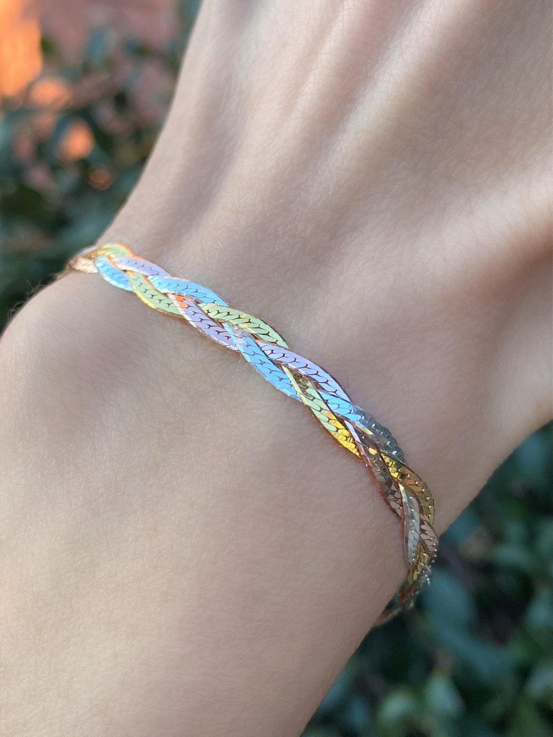Tricolor Braided Flat Snake Bracelet 925 Sterling Silver Braided