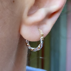 Solid Gold Mini Twisted Hoops (PAIR) Medium - 14K Real Fine Gold Duo Color Hoop earrings- Minimalist Braided Earrings- 14 ct- Christmas gift