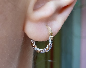 Solid Gold Mini Twisted Hoops (PAIR) Medium - 14K Real Fine Gold Duo Color Hoop earrings- Minimalist Braided Earrings- 14 ct- Christmas gift