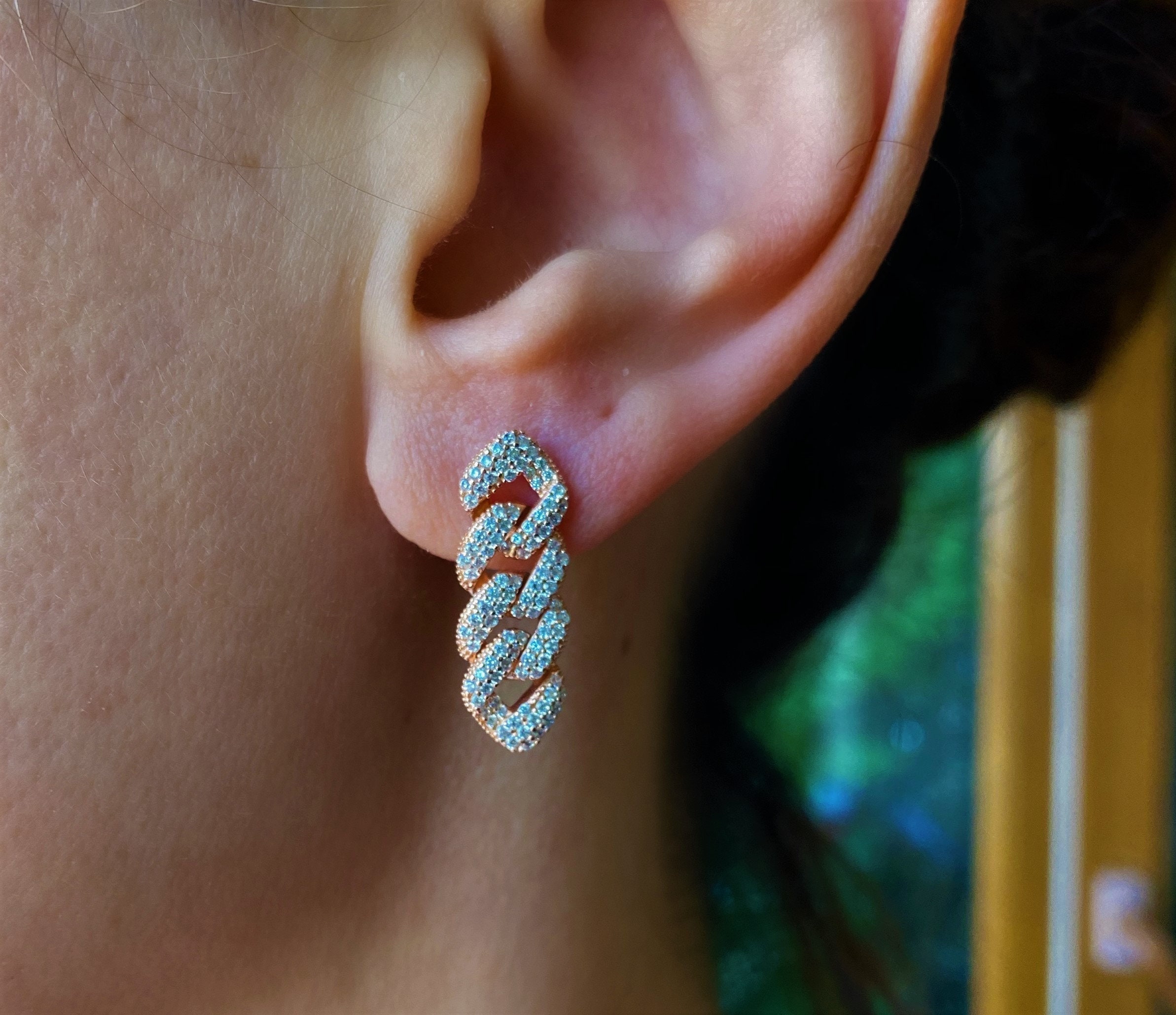 Thick Cuban Link Chain Earrings Curb Chain With Shiny Zirconia