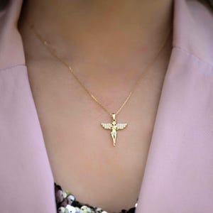 14K Solid Gold Angel Necklace, Good Lucky Charm, Guardian Angel Pendant, Christmas Gift For Her, Birthday Gift For Mom, Gold Angel Necklace