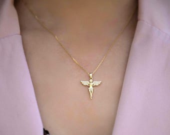 14K Solid Gold Angel Necklace, Good Luck Charm, Guardian Angel Pendant, Christmas Gift For Her, Birthday Gift For Mom, Gold Angel Necklace