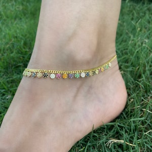 Multi Color Anklet, Cluster 14 K Gold on 925 Sterling silver, Dangle Anklet with curb chain, Summer jewelry, Beach accessories