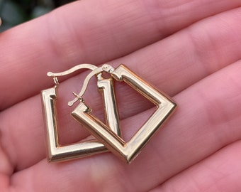 Solid Gold Square Hoops (PAIR) Medium - 14K Gold Pipe Hoop earrings- Tube hoops- Pipe- 14 ct Solid Gold hoop earrings- Christmas Gift