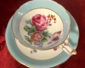Paragon Turquoise green china cup and saucer with floral bouquet