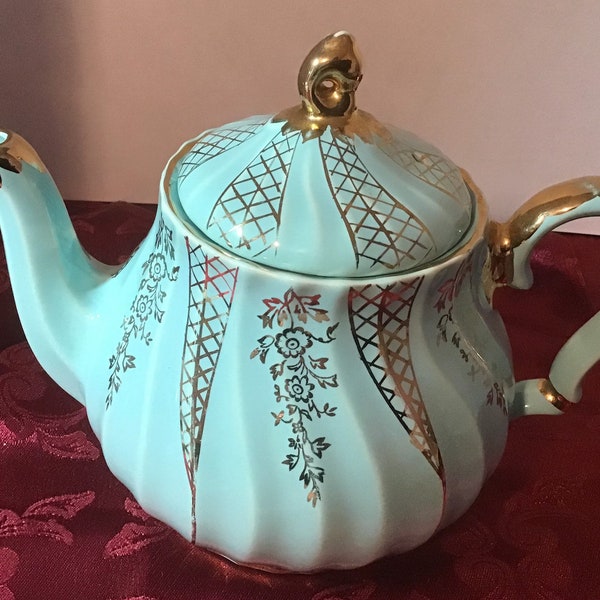 Sadler turquoise teapot with gold trim