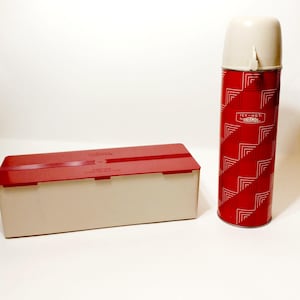 Vintage Thermos Icy-Hot Thermos and Lunch Box/Sandwich Box -Retro Geometrical Design -Red Almond Color-Vintage Lunch Boxes-Vintage Thermos