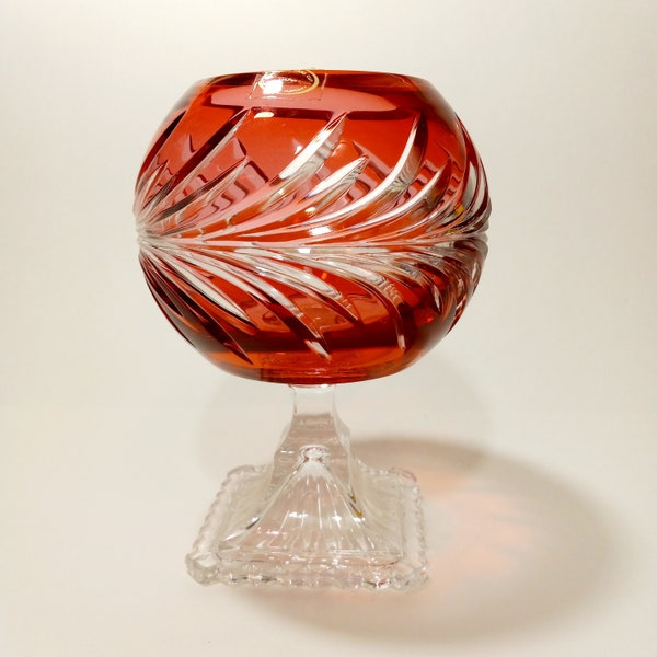 6.5" Pedestal Red Cut to Clear Bud Vase Made in Hungary 24%Pbo-Lead Crystal -Hand Made/Hand Cut --Bohemian Glassware -Rose Bowl -Floral Vase