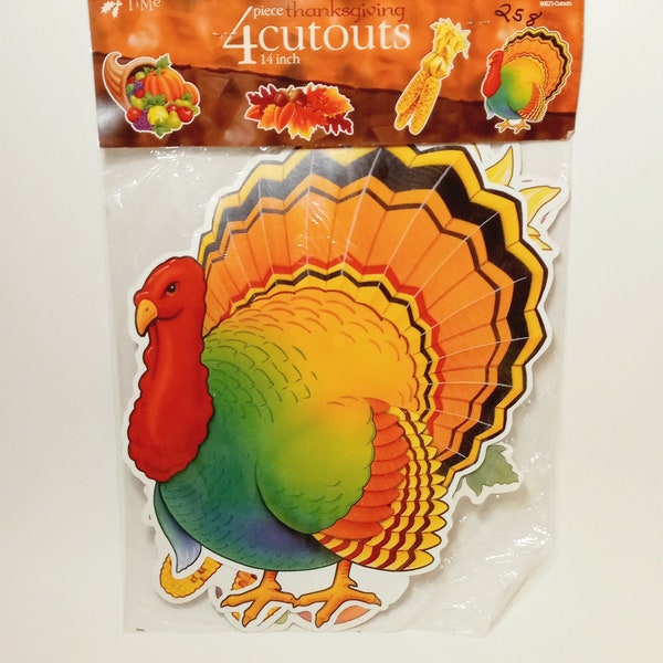 4 Thanksgiving Cutouts New in Package 14" -2001-Thanksgiving Decor-Turkey Figurines -Fall Decor-Thanksgivinf Theme-Wall Decor-Window Decal