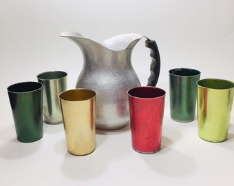 Aluminum Pitcher and Tumbler Set -Distressed Condition-Bascal Tumblers Made in Italy and Wear-Ever Pitcher -Farmhouse Decor -Vintage Kitchen