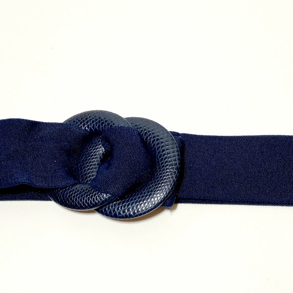 Women's Navy Blue Adjustable Elastic Waistband Belt with Navy Blue Double Ring Vinyl Centerpiece -30" Elastic Length -Womens Fashion