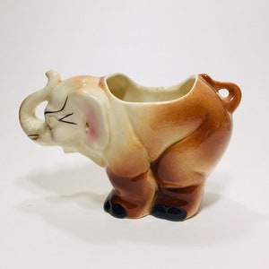 Elephant with Trunk Up Ceramic Planter Marked USA -7.25&quot; Wide x 4.25&quot; Tall- Decor -Vintage Kitschy Planters -Small Vases -Air Plant Vessels