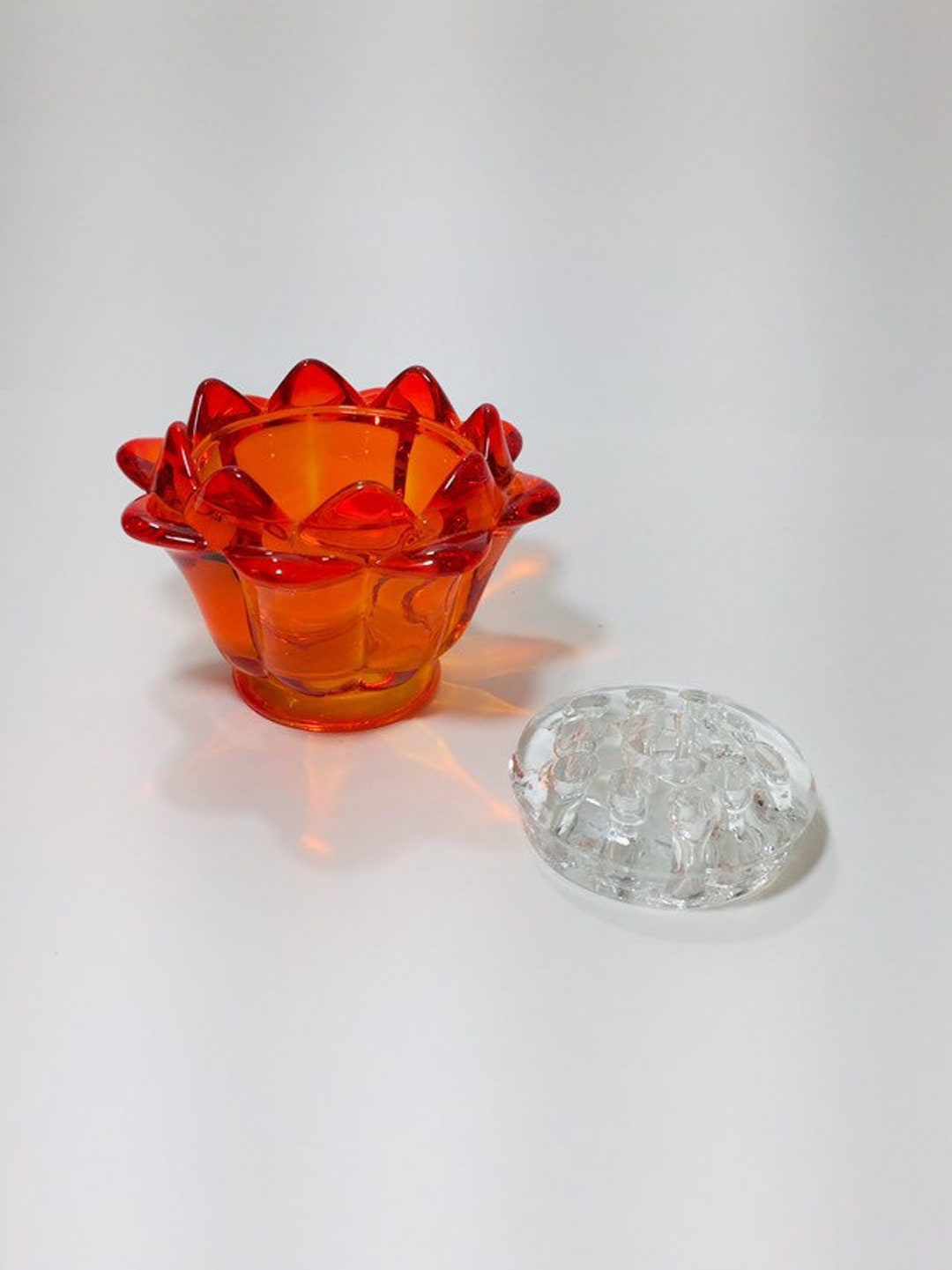 Amberina Glass Vase With Clear Glass Flower Frog removable Etsy
