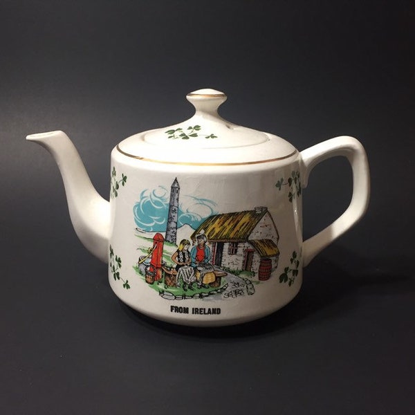 4" Irish Teapot Marked Republic of Ireland by Carrigaline Pottery Co stamped and embossed-Gold Gilded Countryside  Farm Scene