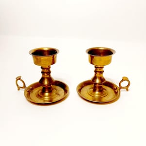 Pair Brass Handled Candlestick Holders-Chamber Style -Votive Candle Holders -Brass Candlestick Decor -Brass Decor -Midcentury Modern Decor