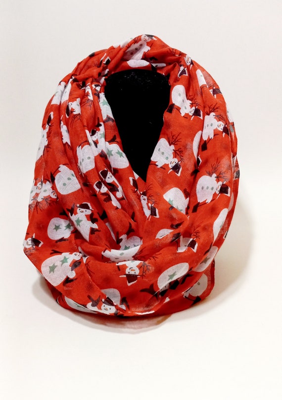 Snowman Wrap Around Scarf Red Background -Christma