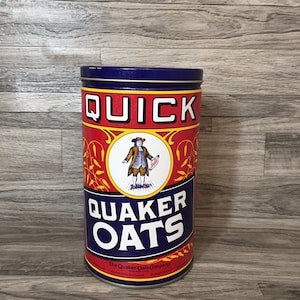 1990 Quick Quaker Oats Tin with Two Recipes -Vintage Metal Tin-Collectable Tin--Quaker Oats Tins-Cookie Recipe Tins