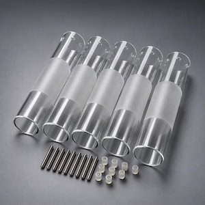 May include: Five clear cylindrical tubes with frosted center sections arranged in a row. Below the tubes are ten thin metallic rods and ten small translucent silicone rings, all laid out in a neat formation on a flat surface.