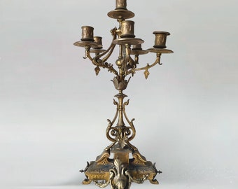 Bronze Metal Candelabra five-armed candlestick holder Heavy bronze candelabra by Philippe H. Mouri dog motif