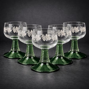 Weingläser Set 200ml Grün Stengel 5 Stück Frankreich Trauben Muster Tafelglas