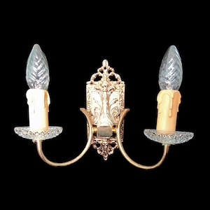 Brass Wall Sconces Pair – Double Arm Candleholder Lights, Vintage French 1960s Wall Lamps