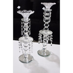 Crystal Candlestick with Pendants – Tall Vintage Glass Candle Holder for Table & Wedding Decor
