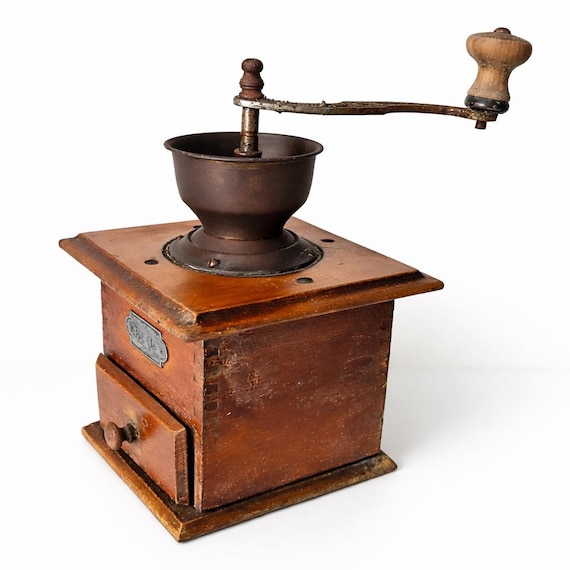Wooden Box Coffee Mill Cast Iron Hand Crank Kitchen Grinder 1930s