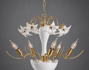 Lustre en verre de murano opalin, laiton, 5 lumières