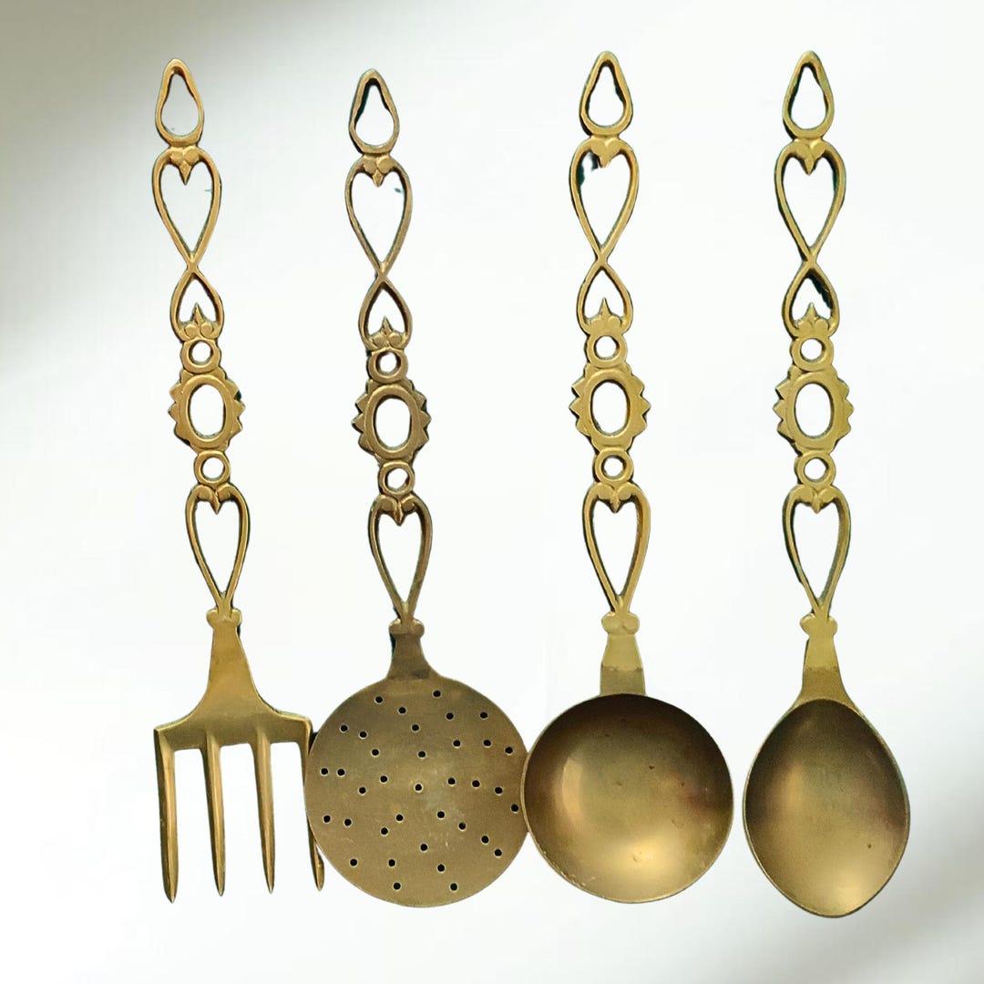 French Vintage Brass Kitchen Set 4 Pieces Strainer, Ladle, Fork & Spoon ...