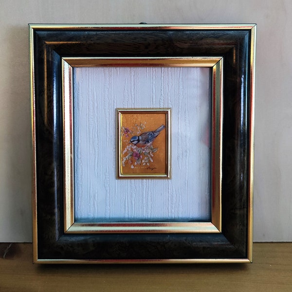 Italian art lithographs 23k vintage bird on a flowering branch painting, gold foil wall painting