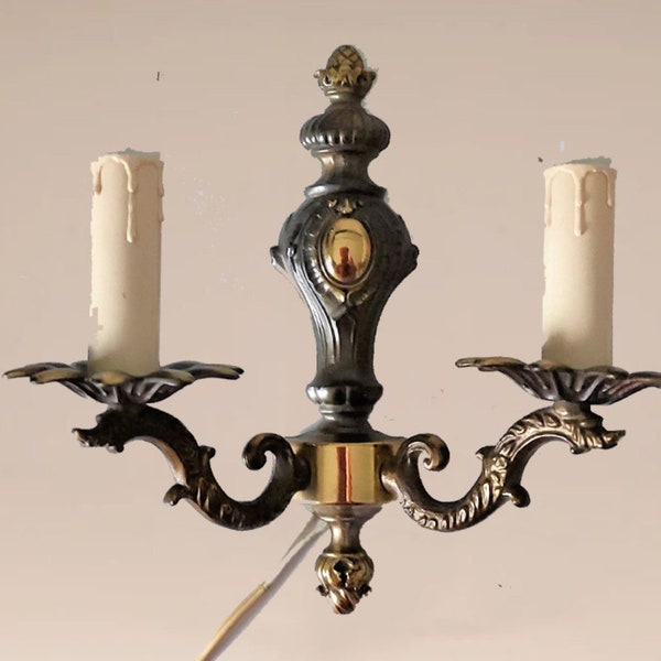 vintage brass wall sconce with two candle brackets, timeless candle holder, solid brass sconce