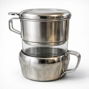 Kompakter französischer Kaffeefilter aus Edelstahl mit Glastasse, Versionen mit zwei Deckeln