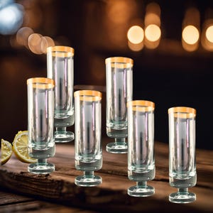 Set of 6 Vintage 1970s Shot Glasses – Gold Rim Liqueur Shooters, 40ml glass, Barware Gift