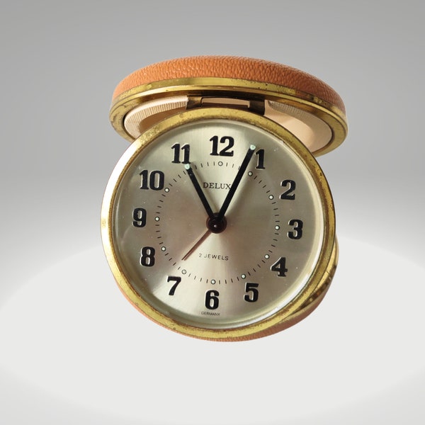 vintage Deluxe travel alarm clock deluxe 2 jewels Germany round travel working alarm clock mid-century