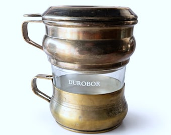 Cafetera de goteo con soporte plateado Durobor de vidrio, taza individual, estilo vintage.