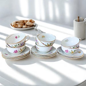 vintage porcelain tea cups with floral patterns and gold details, demitasse cups with matching saucers, made in Czechoslovakia, bone china