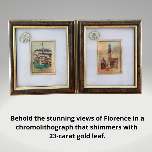 2 miniatures gold leaf views of Florence 23k gold leaf chromolithography Italian vintage 80 gold leaf paintings hand-painted