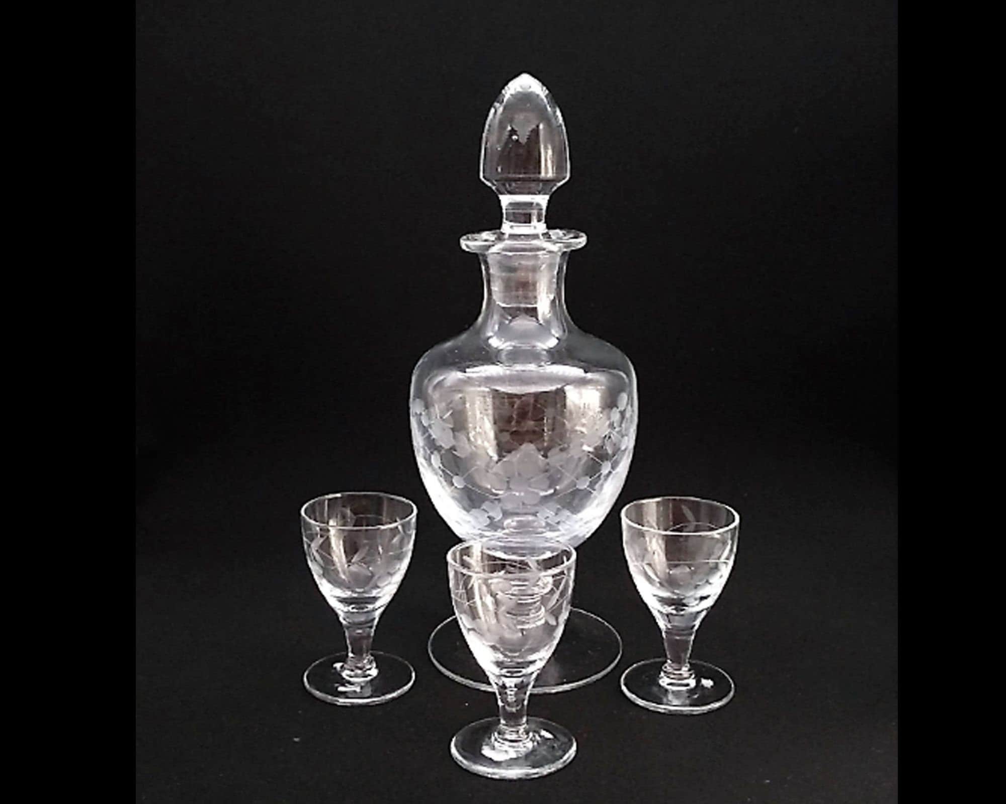Rare Vintage Glass Liquor Decanter with 3 glasses carafe Etsy