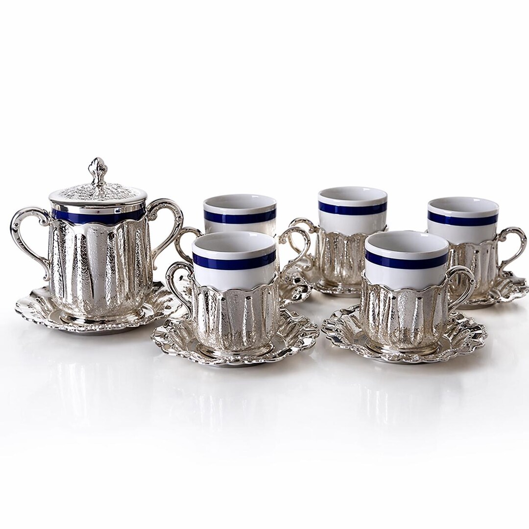 Espresso Cups Set Porcelain 5 Cups Saucers Metal Holders With Sugar ...