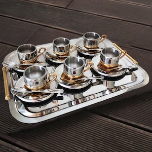 Vintage INOXRIV Coffee Set: 18/10 Stainless Steel Cups, Saucers & Tray