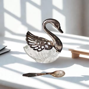 antique salt shaker possibly silver plated swan shape old glass and metal swan made in Italy