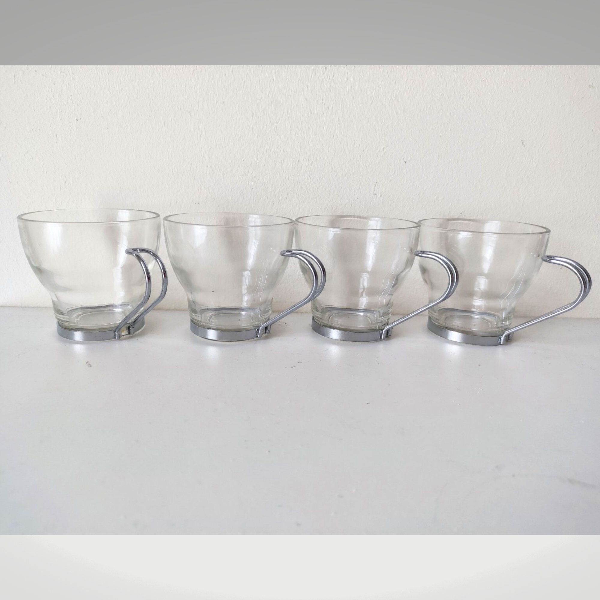 Set of 3 Glass Espresso Cups With Removable Metal Handle. 