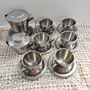 Italian Stainless Steel Coffee Set: Mid-Century Thermal Cups, Pot & Sugar Bowl