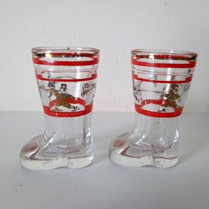 Boot Shot Glasses Set of 2 Hunting Decor Barware 1980s Thick Glass Drinkware
