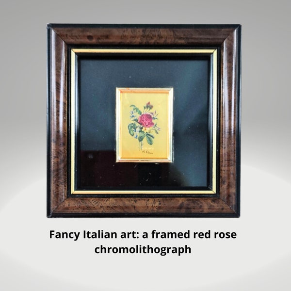 Fancy Italian art: a framed red rose chromolithograph Italy 23k chromolithograph art