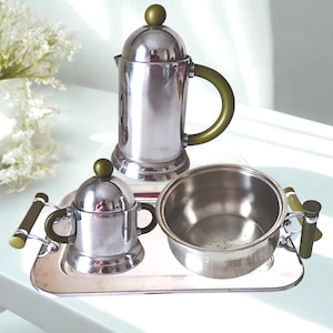 Collection Prandelli 4 pièces - plateau, cafetière, sucrier, passoire en acier inoxydable - Années 90 Inoxpran Italie